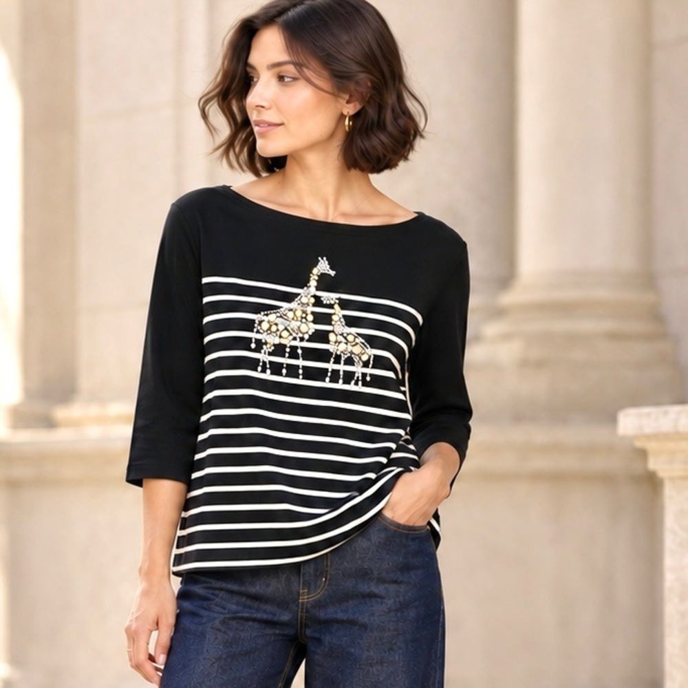 Karen Scott Giraffe Rhinestone Stripe Top Black White 2010s Bling Art Preppy PXL